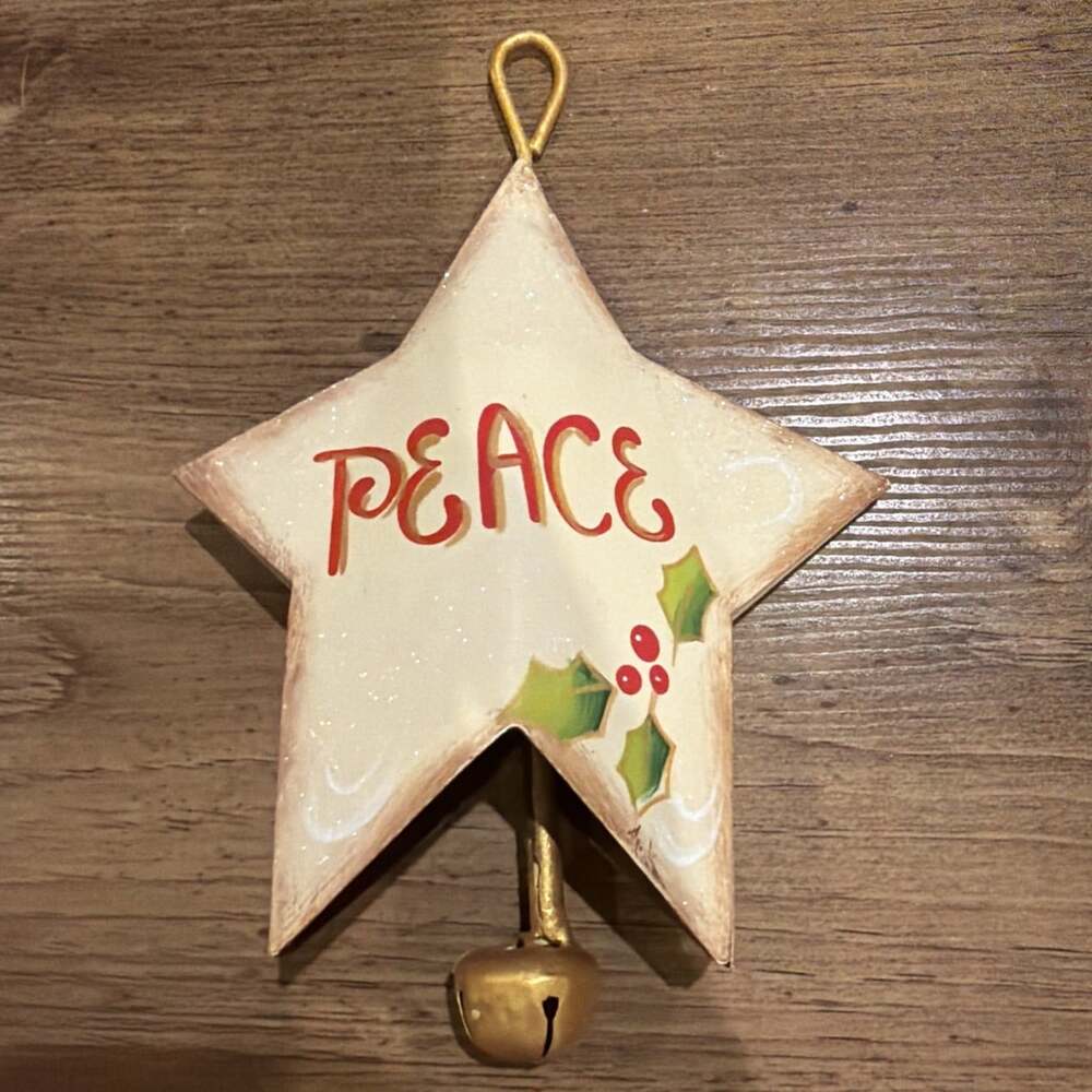 Peace Star Bell 8” Hanging Christmas Decor Holly Berry Hand Painted Ornament